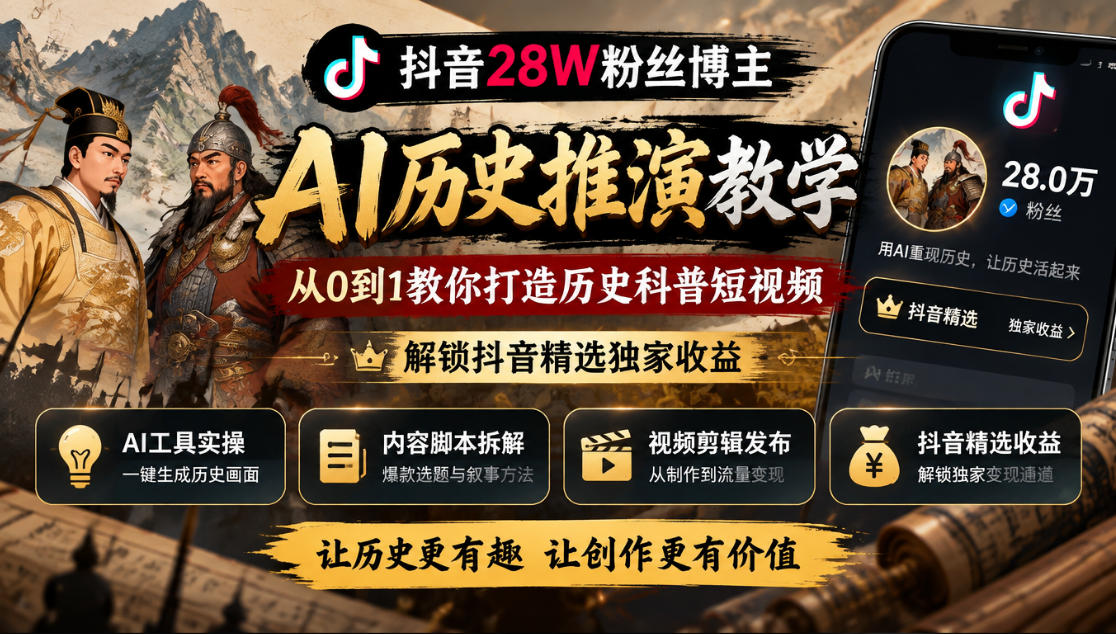 抖音28W粉丝博主的AI历史推演教学，从0到1教你打造历史科普短视频，解锁抖音精选独家收益-巅峰研习社