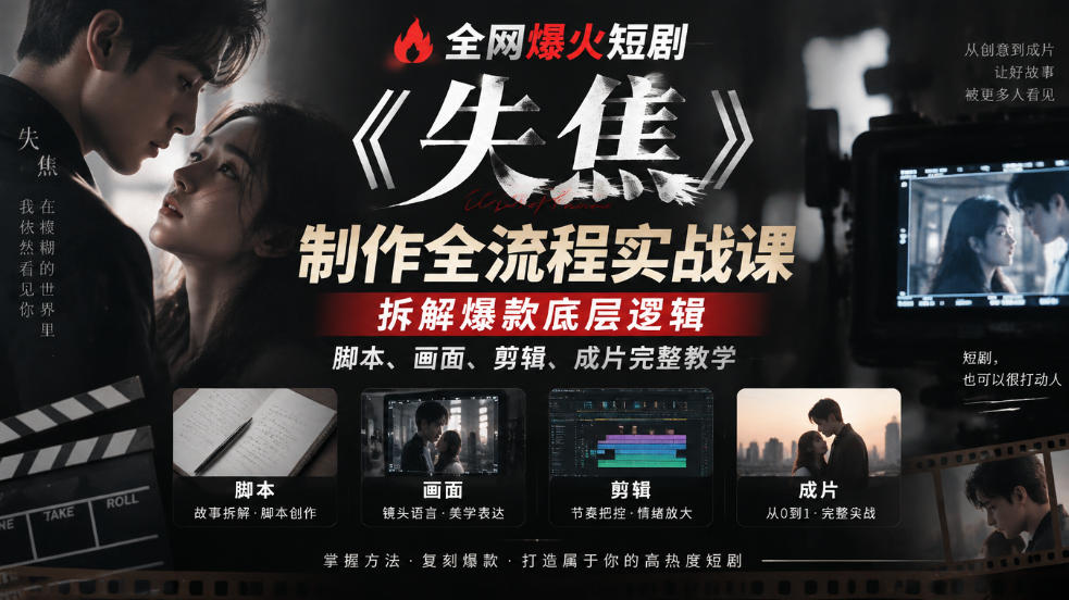 全网爆火短剧《失焦》制作全流程实战课｜拆解爆款底层逻辑，脚本、画面、剪辑、成片完整教学-巅峰研习社
