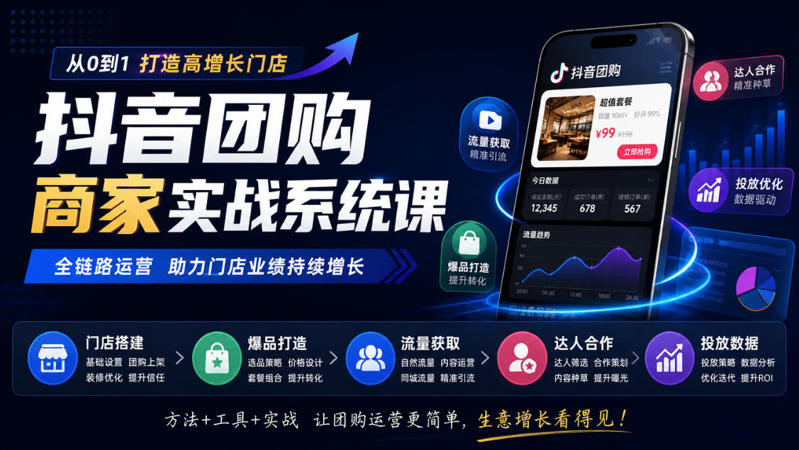 抖音团购商家实战系统课|门店搭建、爆品打造、流量获取、达人合作、投放数据全链路运营-巅峰研习社