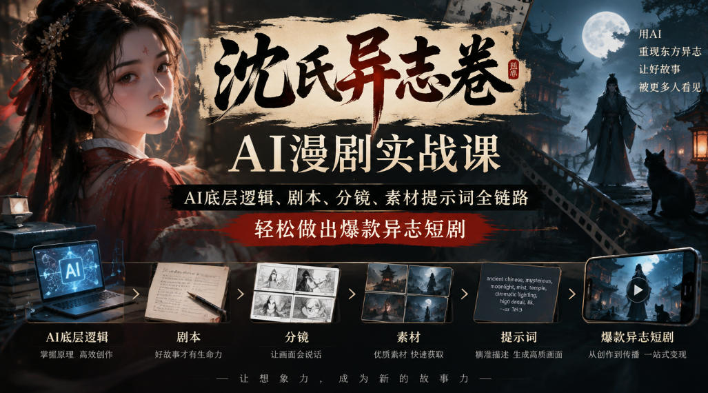 沈氏异志卷AI漫剧实战课|AI底层逻辑、剧本、分镜、素材提示词全链路,轻松做出爆款异志短剧-巅峰研习社
