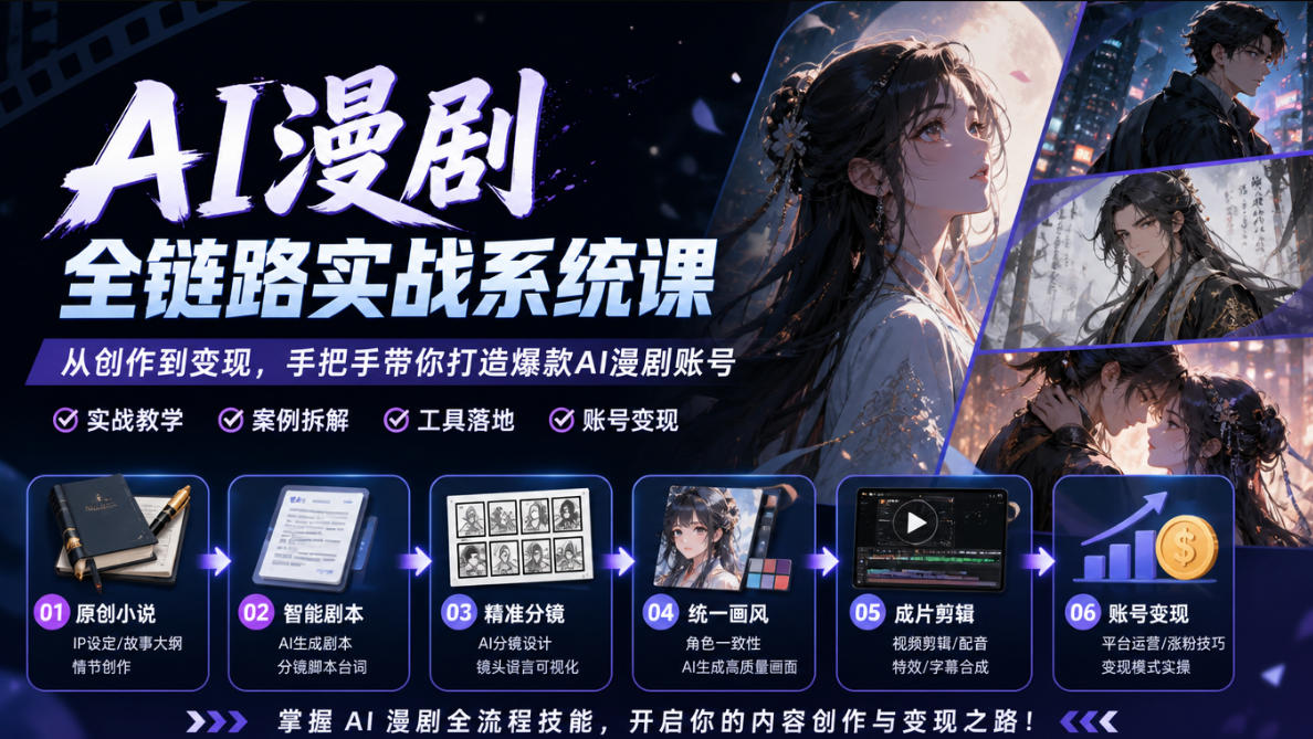AI漫剧全链路实战系统课|原创小说、智能剧本、精准分镜、统一画风、成片剪辑、账号变现实操教学