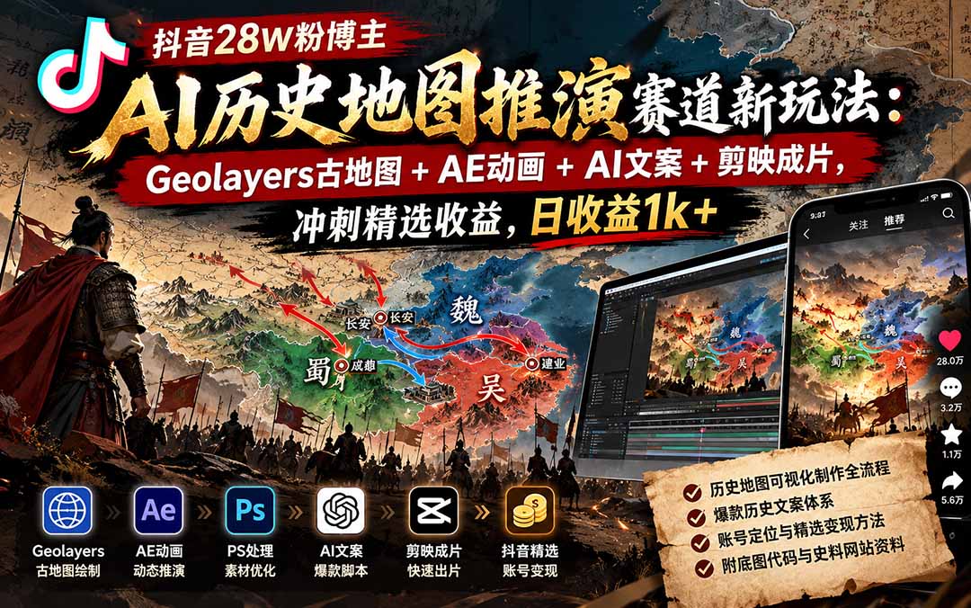 抖音28W粉博主AI历史地图推演赛道新玩法：Geolayers古地图+AE动画+AI文案+剪映成片，冲刺精选收益，日收益1k+-巅峰研习社