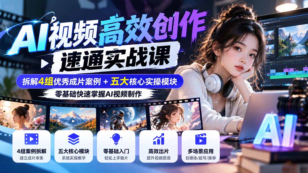 【无水印】AI视频高效创作速通实战课：拆解4组优秀成片案例+五大核心实操模块，零基础快速掌握AI视频制作-巅峰研习社