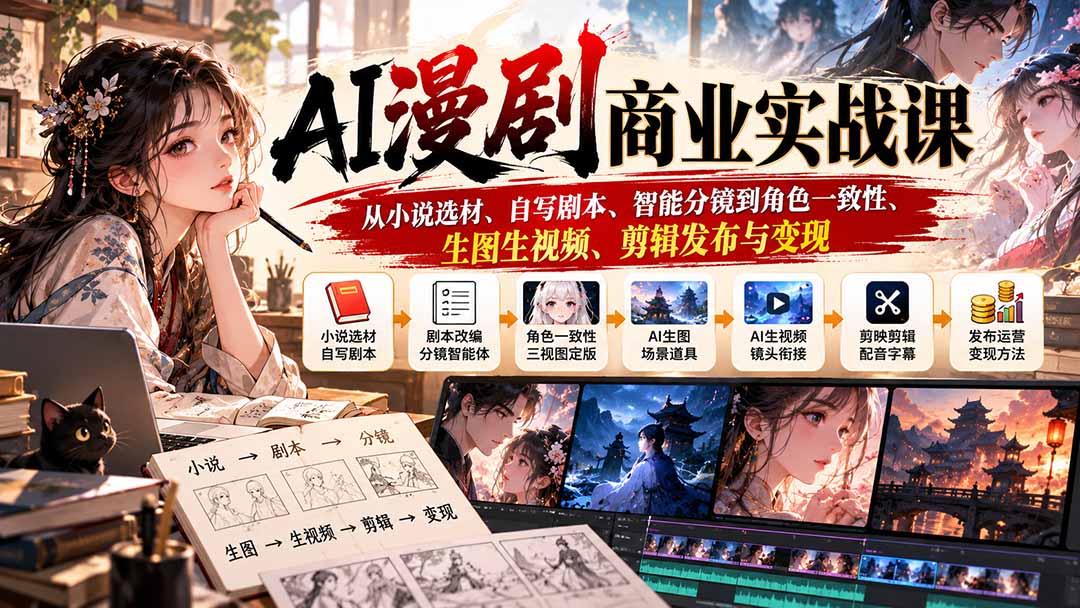 AI漫剧商业实战课：从小说选材、自写剧本、智能分镜到角色一致性、生图生视频、剪辑发布与变现-巅峰研习社