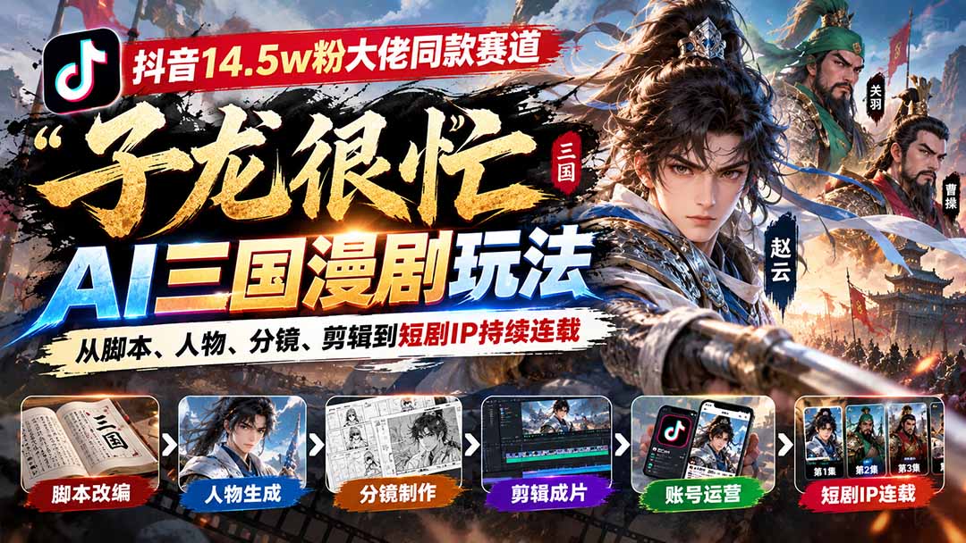 抖音14.5w粉大佬同款赛道「子龙很忙」AI三国漫剧玩法：从脚本、人物、分镜、剪辑到短剧IP持续连载-巅峰研习社