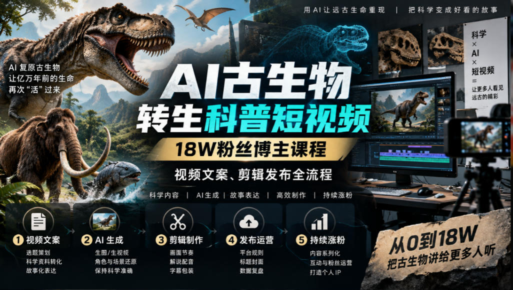 AI古生物转生科普短视频,18W粉丝博主课程,视频文案、剪辑发布全流程-巅峰研习社