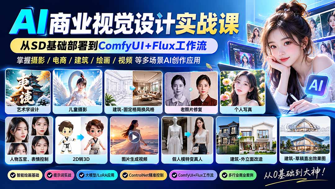 【无水印】AI商业视觉设计实战课:从SD基础部署到ComfyUI+Flux工作流,掌握摄影电商建筑AI创作-巅峰研习社