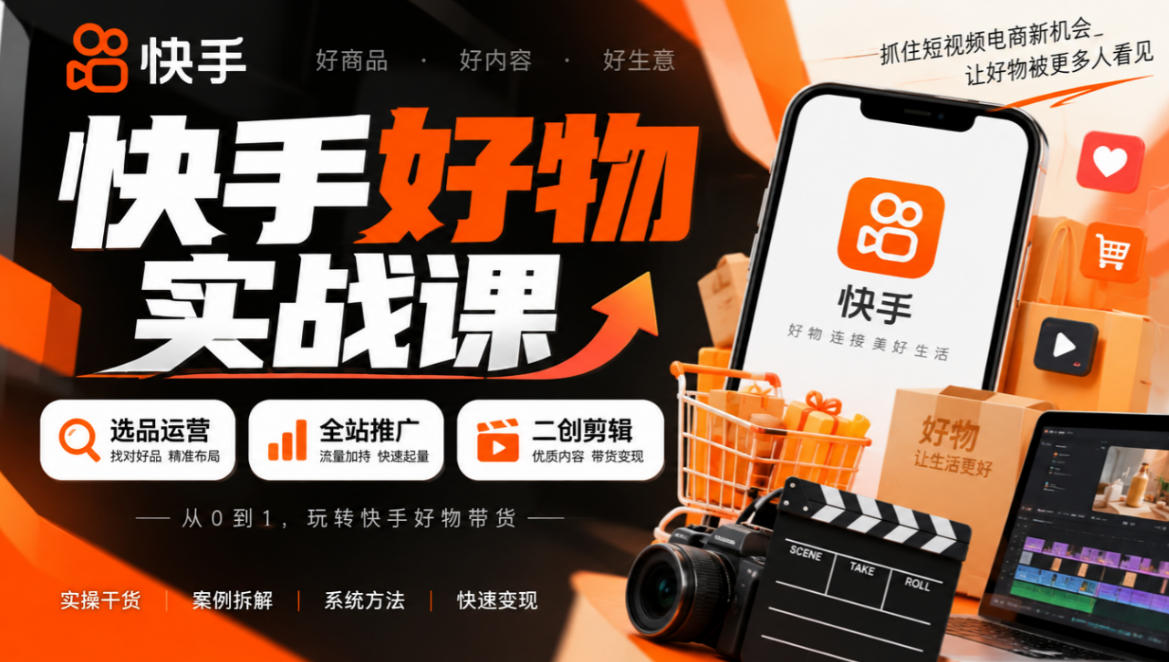 快手好物实战课｜选品运营+全站推广+二创剪辑带货变现-巅峰研习社