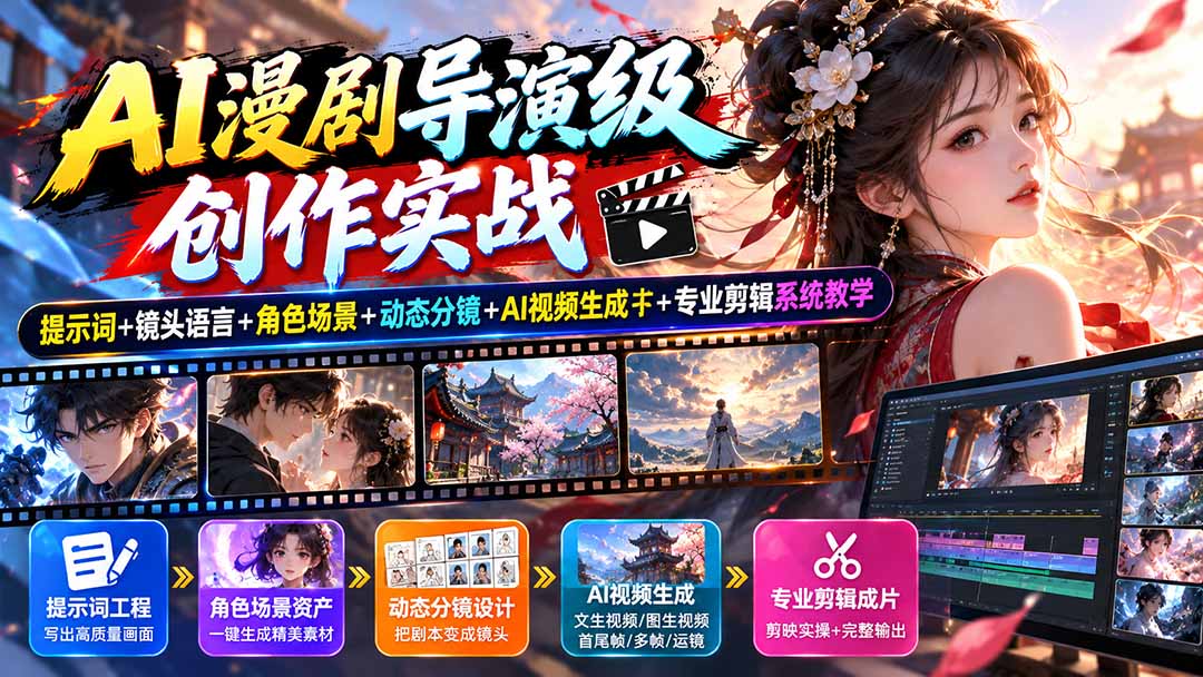 AI漫剧导演级创作实战：提示词+镜头语言+角色场景+动态分镜+AI视频生成+专业剪辑系统教学-巅峰研习社