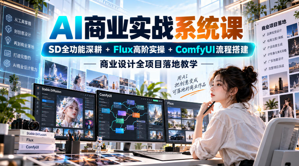 AI商业实战系统课｜SD全功能深耕+Flux高阶实操+Comfyui流程搭建，商业设计全项目落地教学-巅峰研习社