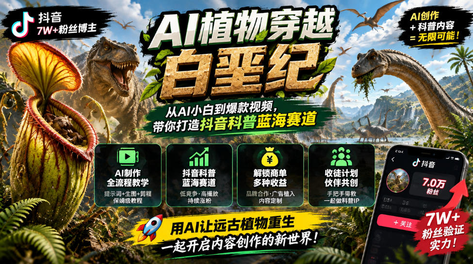 抖音7W粉丝博主的AI植物穿越白垩纪教学,抖音科普蓝海赛道,解锁商单收徒伙伴计划等多种收益-巅峰研习社