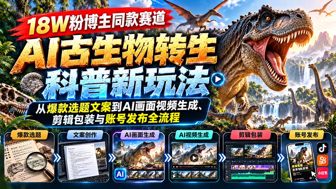 18W粉博主同款赛道-AI古生物转生科普新玩法：从爆款选题文案到AI画面视频生成、剪辑包装与账号发布全流程-巅峰研习社