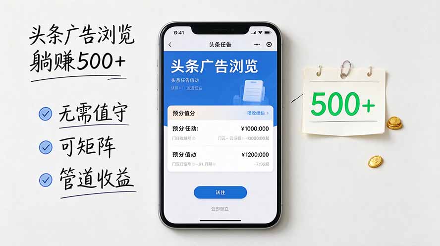 头条广告浏览躺赚500+无需值守，可矩阵并附有管道收益-巅峰研习社