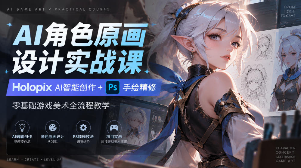 AI角色原画设计实战课｜Holopix AI智能创作+PS手绘精修，零基础游戏美术全流程教学-巅峰研习社
