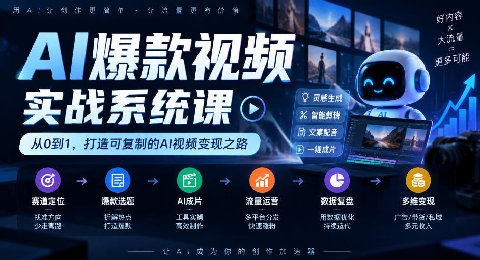 AI爆款视频实战系统课｜赛道定位、爆款选题、AI成片、流量运营、数据复盘、多维变现全链路教学-巅峰研习社
