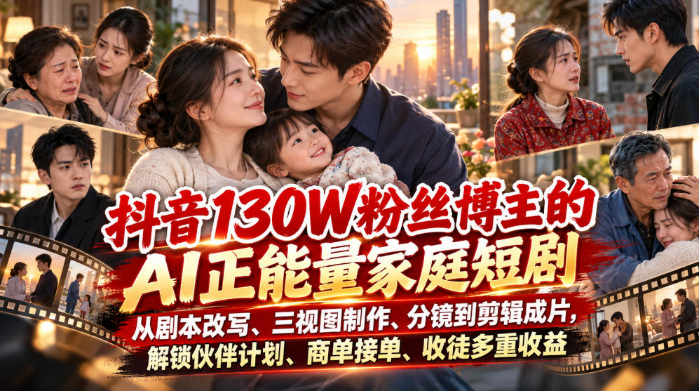 抖音130W粉丝博主的AI正能量家庭短剧,从剧本改写、三视图制作、分镜到剪辑成片,解锁伙伴计划、商单接单、收徒多重收益(更新1007)-巅峰研习社
