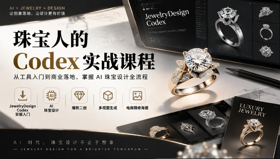 珠宝人的Codex实战课程｜JewelryDesign Codex安装入门、AI珠宝设计、爆款二创、多视图生成、电商精修海报全链路教学-巅峰研习社