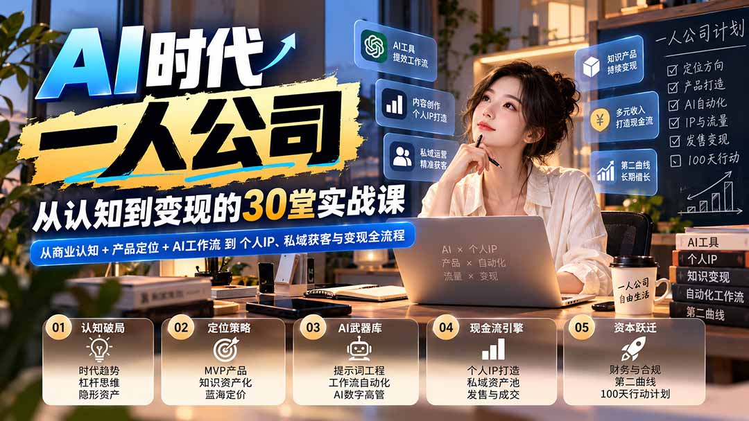 【无水印】AI时代一人公司30堂实战课:从商业认知+产品定位+AI工作流到个人IP、私域获客与变现全流程-巅峰研习社