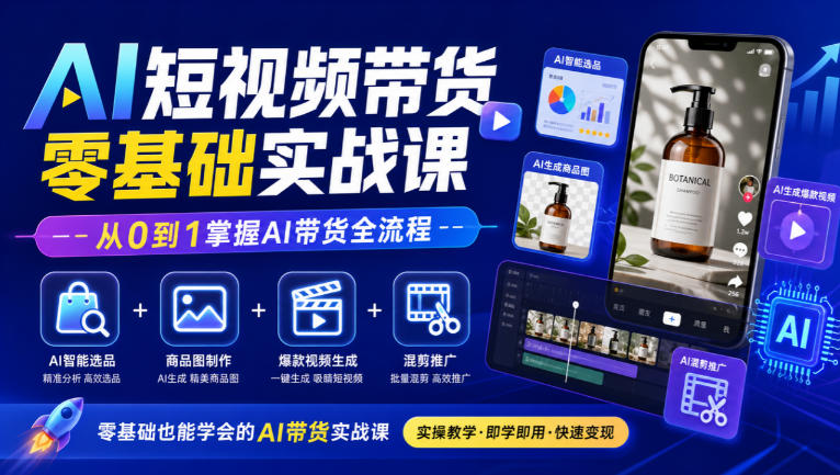 AI短视频带货零基础实战课｜AI智能选品+商品图制作+爆款视频生成+混剪推广，从0到1掌握AI带货全流程-巅峰研习社