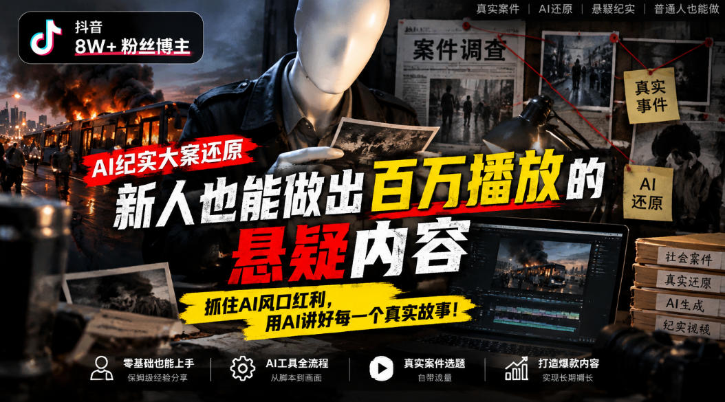 抖音8W粉丝博主的AI纪实大案还原教学，新人也能做出百W播放的悬疑内容，抓住AI风口红利，用AI讲好每一个真实故事-巅峰研习社