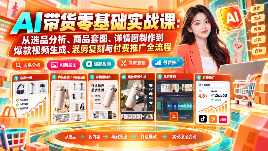 AI带货零基础实战课:从选品分析、商品套图、详情图制作到爆款视频生成、混剪复刻与付费推广全流程-巅峰研习社