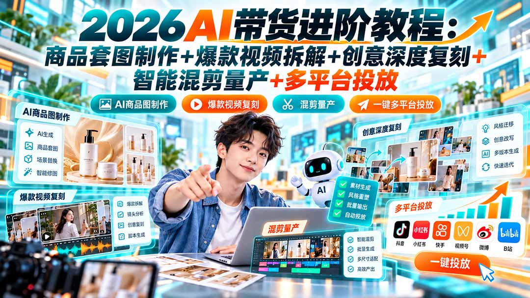 2026AI带货进阶教程:商品套图制作+爆款视频拆解+创意深度复刻+智能混剪量产+多平台投放-巅峰研习社