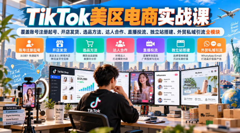 TikTok美区电商实战课，覆盖账号注册起号、开店发货、选品方法、达人合作、直播投流、独立站搭建、外贸私域引流全模块-巅峰研习社
