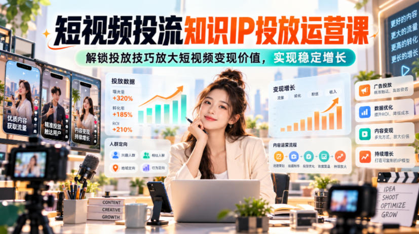 短视频投流知识IP投放运营课,解锁投放技巧放大短视频变现价值,实现稳定增长-巅峰研习社