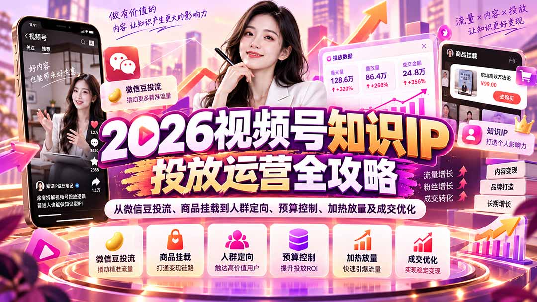 2026视频号知识IP投放运营全攻略：从微信豆投流、商品挂载到人群定向、预算控制、加热放量及成交优化-巅峰研习社