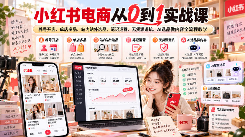 小红书电商从0到1实战课|养号开店、单店多品、站内站外选品、笔记运营、无货源避坑、AI选品做内容全流程教学-巅峰研习社
