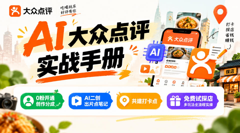 某局的AI大众点评实战手册，0粉开通创作分成、AI二创出片点笔记、共建打卡点、免费试探店多玩法全流程实操-巅峰研习社