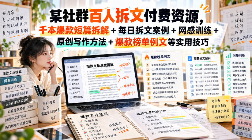 (无水印)某社群百人拆文付费资源，千本爆款短篇拆解+每日拆文案例+网感训练+原创写作方法+爆款榜单例文等实用技巧(更新1009)-巅峰研习社