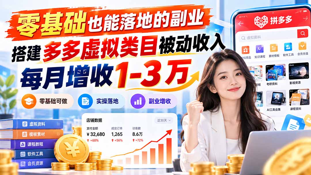 零基础也能落地的副业,搭建多多虚拟类目被动收入,每月增收 1-3 万-巅峰研习社