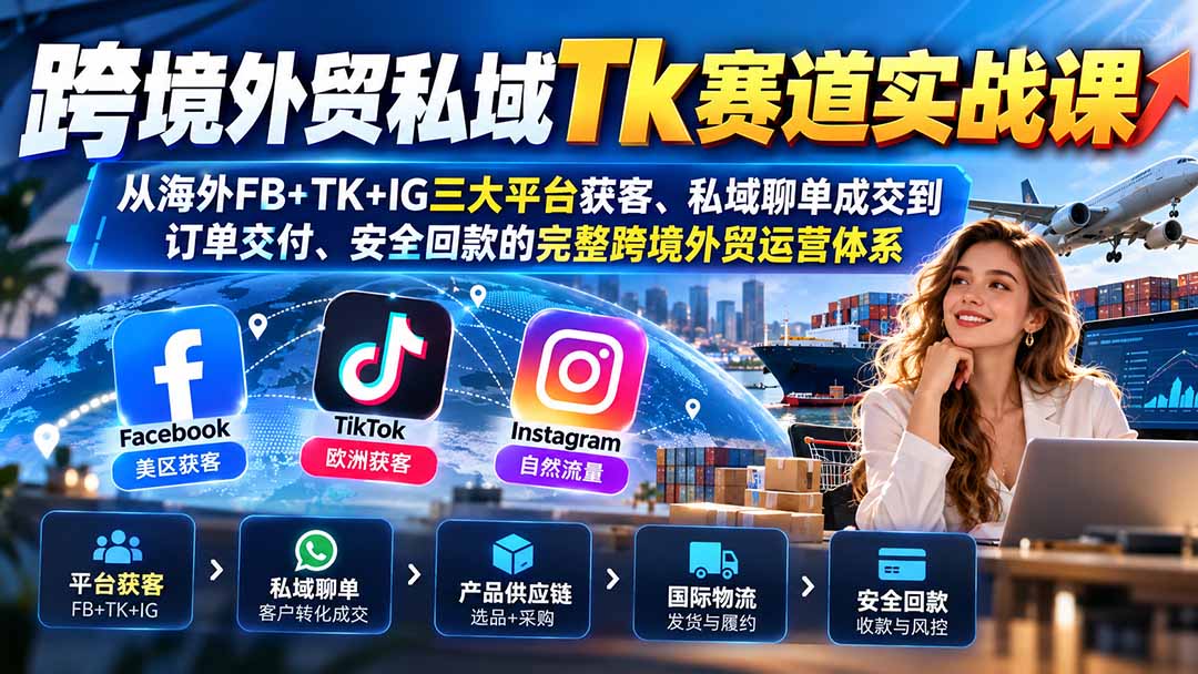 跨境外贸私域Tk赛道实战课：从海外FB+TK+IG三大平台获客、私域聊单成交到订单交付、安全回款的完整跨境外贸运营体系-巅峰研习社