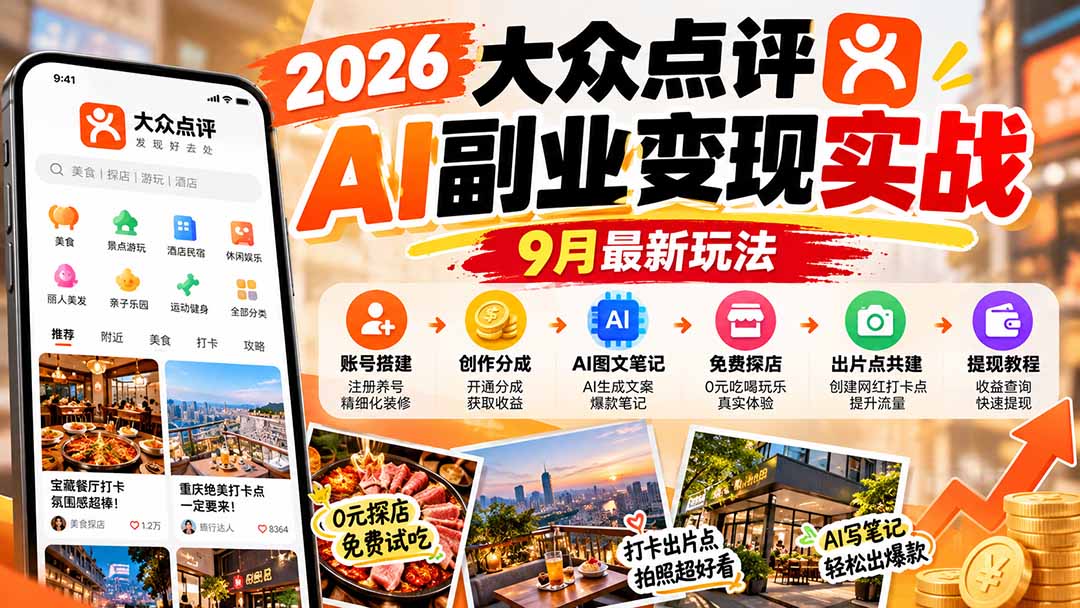 2026大众点评AI副业变现实战9月最新玩法:账号搭建+创作分成+AI图文笔记+免费探店+出片点共建与提现教程-巅峰研习社