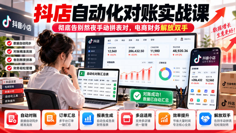 抖店自动化对账实战课，彻底告别熬夜手动拼表对，账电商财务解放双手-巅峰研习社