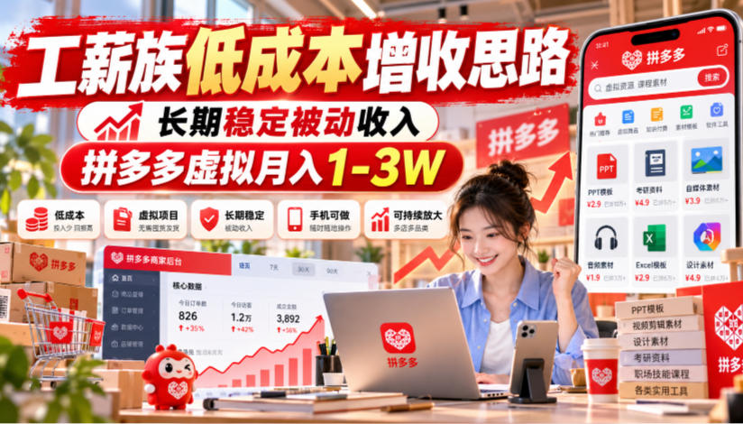 工薪族低成本增收思路,长期稳定被动收入,拼多多虚拟月入1-3W-巅峰研习社