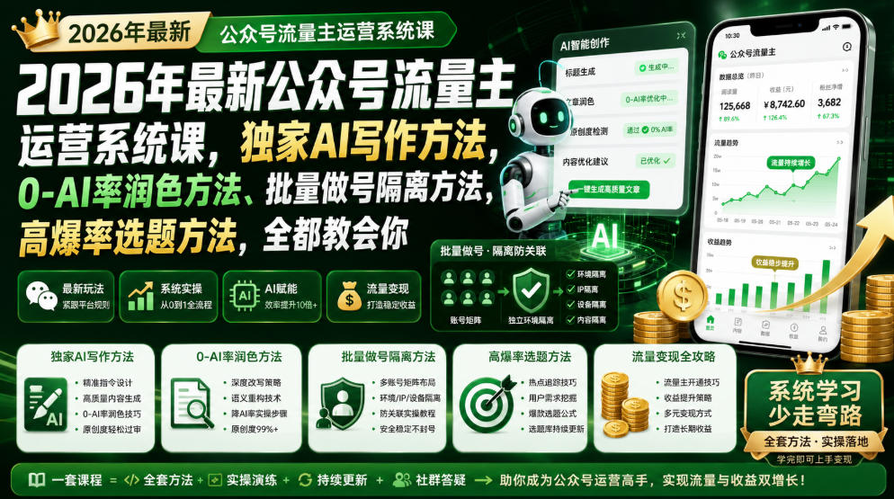 2026年最新公众号流量主运营系统课，独家AI写作方法，0-AI率润色方法、批量做号隔离方法、高爆率选题方法，全都教会你(更新1009)-巅峰研习社