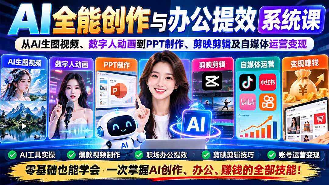 AI全能创作与办公提效系统课：从AI生图视频、数字人动画到PPT制作、剪映剪辑及自媒体运营变现-巅峰研习社