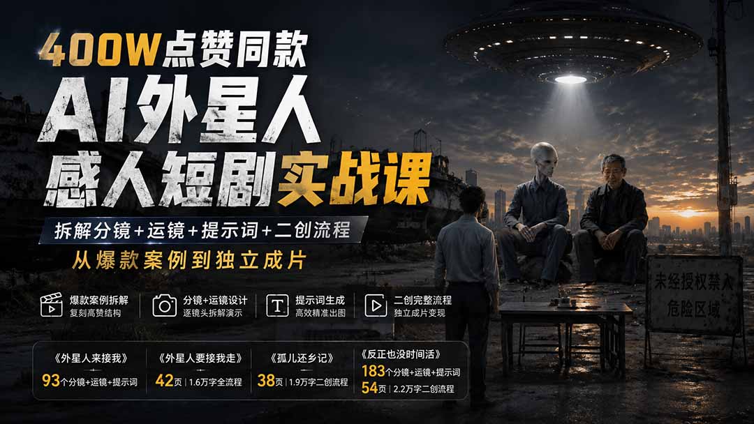 400W点赞同款AI外星人感人短剧实战课-更新1009:拆解分镜+运镜+提示词+二创流程,从爆款案例到独立成片-巅峰研习社