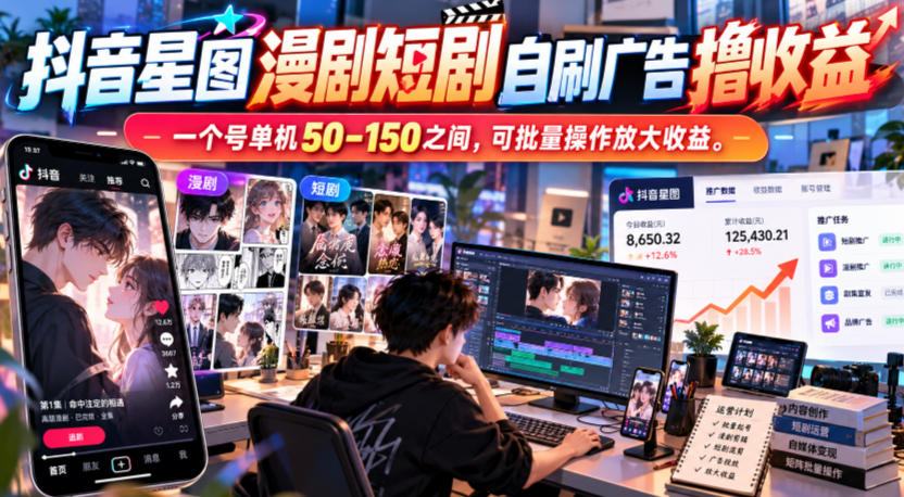 抖音星图漫剧短剧自刷广告撸收益,一个号单机50-150之间,可批量操作放大收益-巅峰研习社