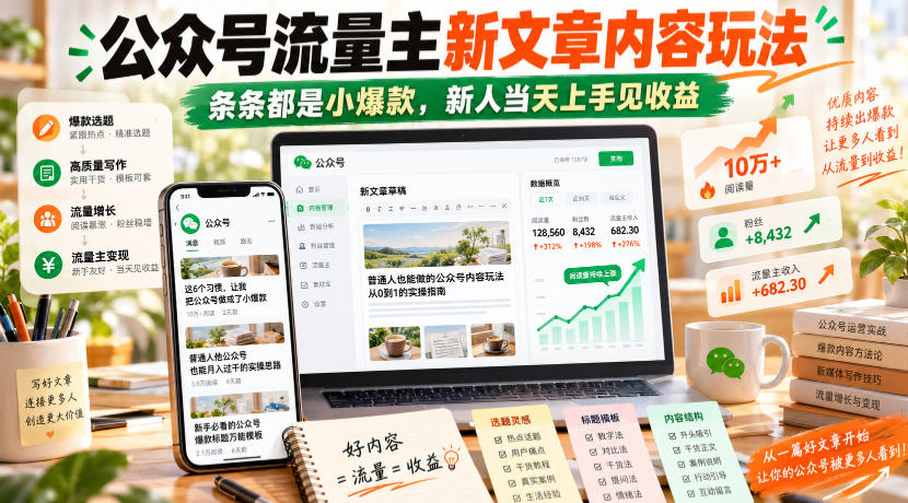 公众号流量主新文章内容玩法，条条都是小爆款，新人当天上手见收益-巅峰研习社