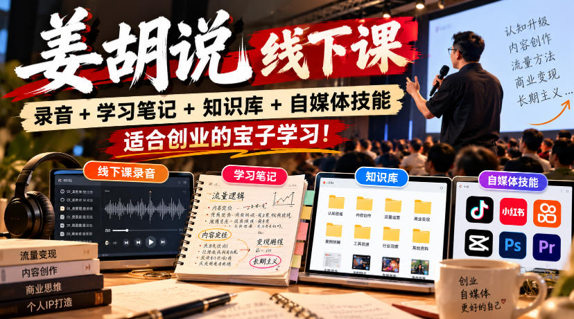 姜胡说线下课录音＋学习笔记＋知识库＋自媒体技能，​适合创业的宝子学习！-巅峰研习社