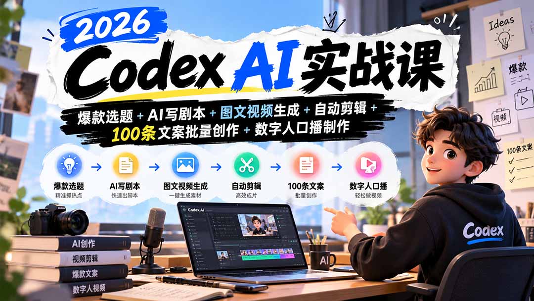 2026Codex AI实战课:爆款选题+AI写剧本+图文视频生成+自动剪辑+100条文案批量创作+数字人口播制作-巅峰研习社