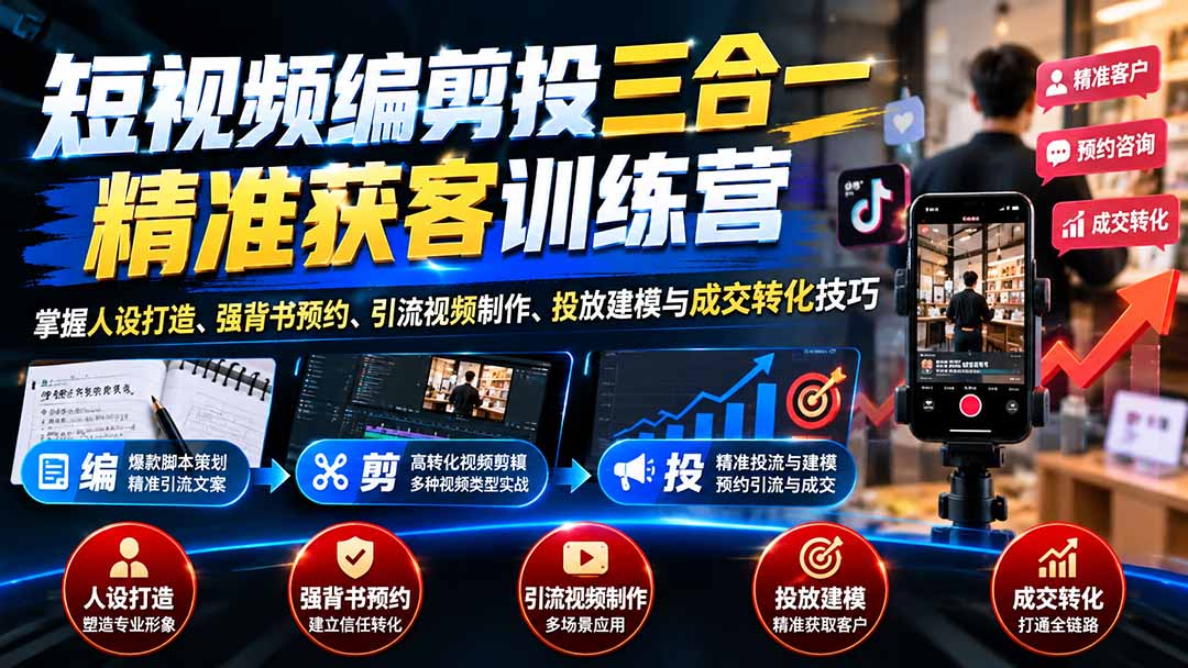 短视频编剪投三合一精准获客训练营：掌握人设打造、强背书预约、引流视频制作、投放建模与成交转化技巧-巅峰研习社