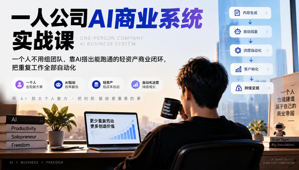 一人公司AI商业系统实战课,一个人不用组团队,靠AI搭出能跑通的轻资产商业闭环,把重复工作全部自动化-巅峰研习社