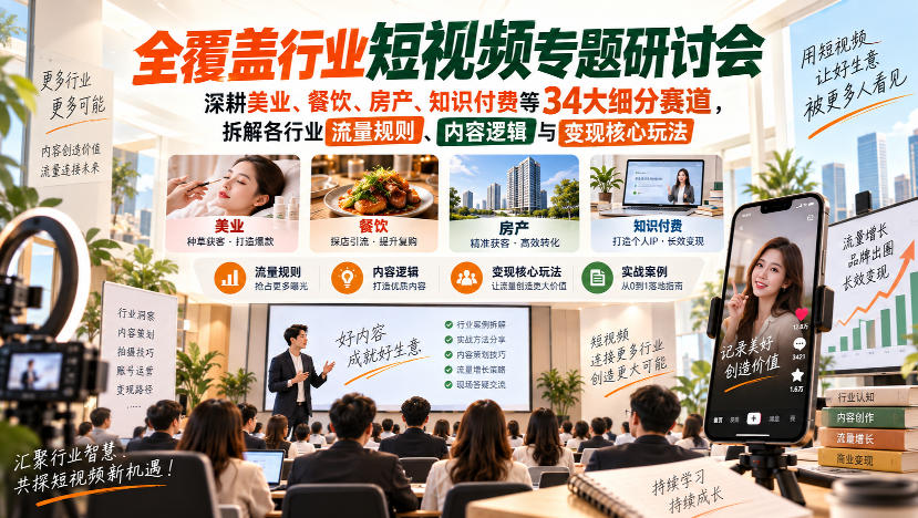 短视频专题研讨会,深耕美业、餐饮、房产、知识付费等34大细分赛道,拆解各行业流量规则、内容逻辑与变现核心玩法(更新1011)