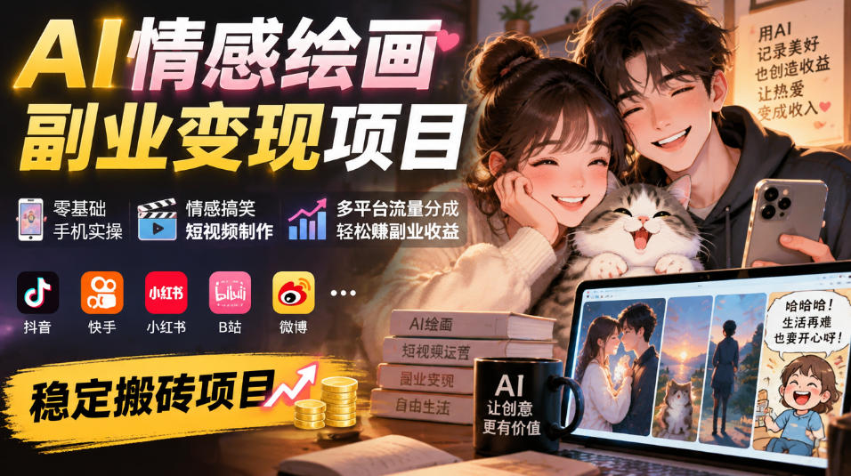 AI情感绘画副业变现项目|零基础手机实操,情感搞笑短视频制作,多平台流量分成轻松賺副业收益-巅峰研习社