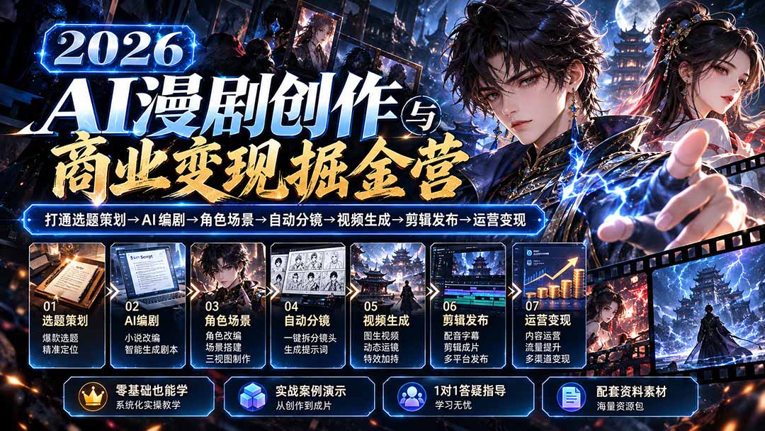 【无水印】2026AI漫剧创作与商业变现掘金营：打通选题→AI编剧→角色场景→自动分镜→视频生成→剪辑发布→运营变现-巅峰研习社
