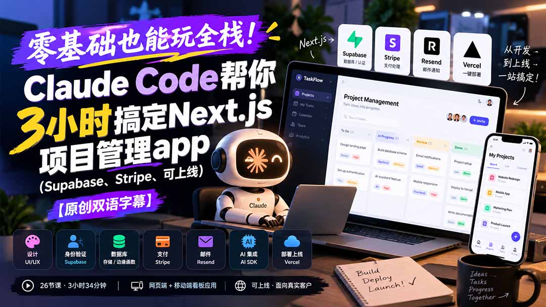 零基础也能玩全栈！Claude Code帮你3小时搞定Next.js项目管理app(Supabase、Stripe、可上线-巅峰研习社